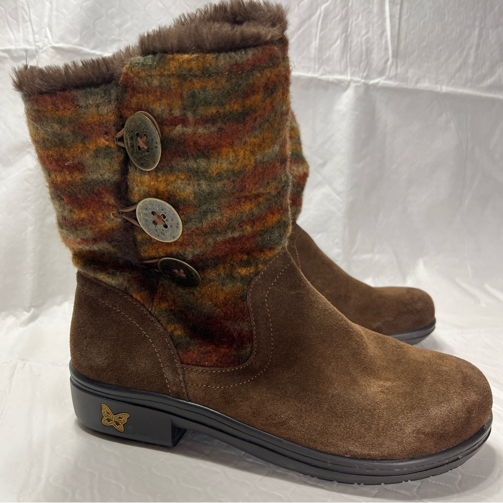 Alegria Nanook Boots Brown Suede Leather Faux Fur Lined Women Size 39 EU Cute